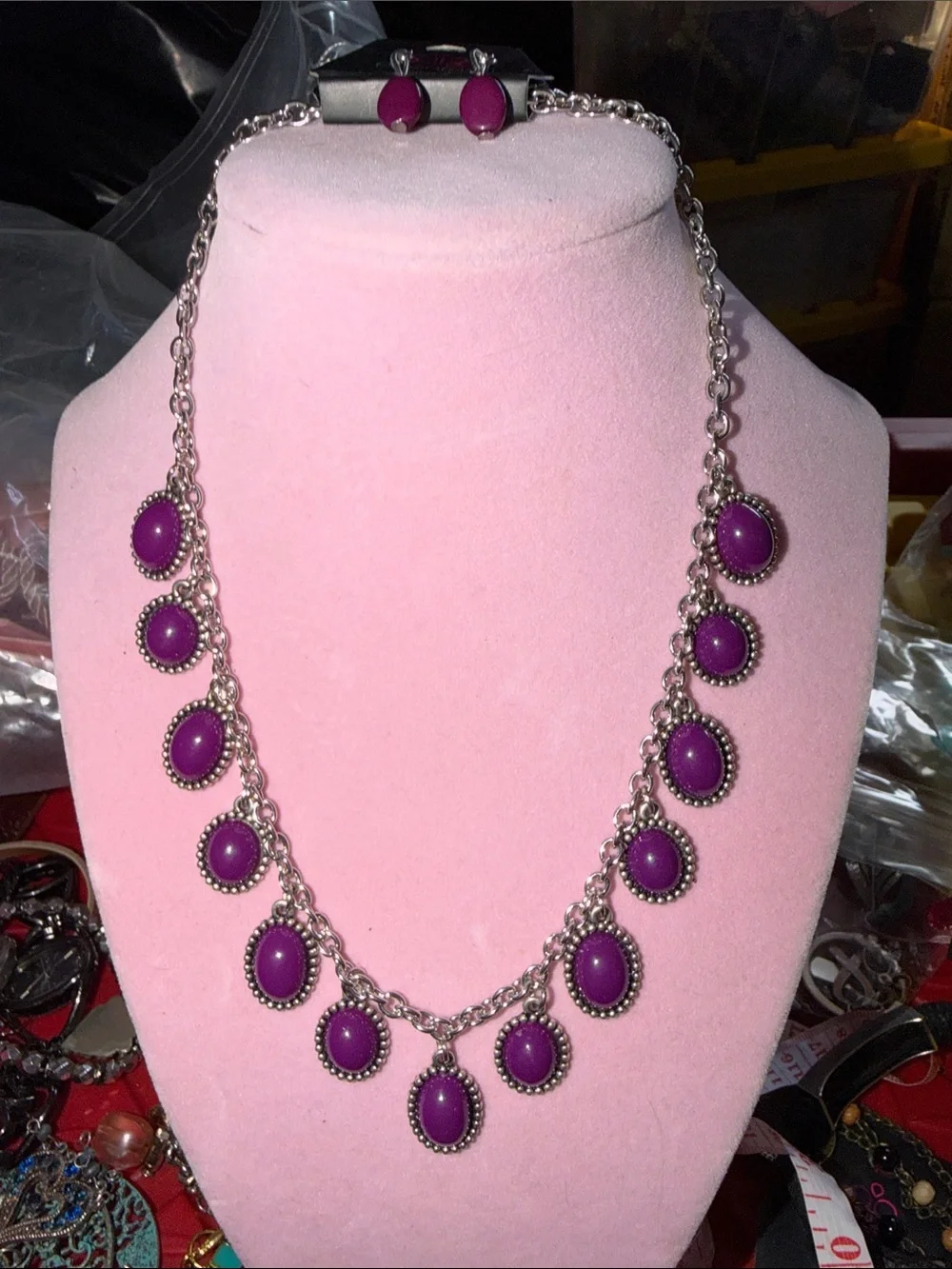 Purple Oval Pendant Necklace and Earrings Set, 16”, (J0117)